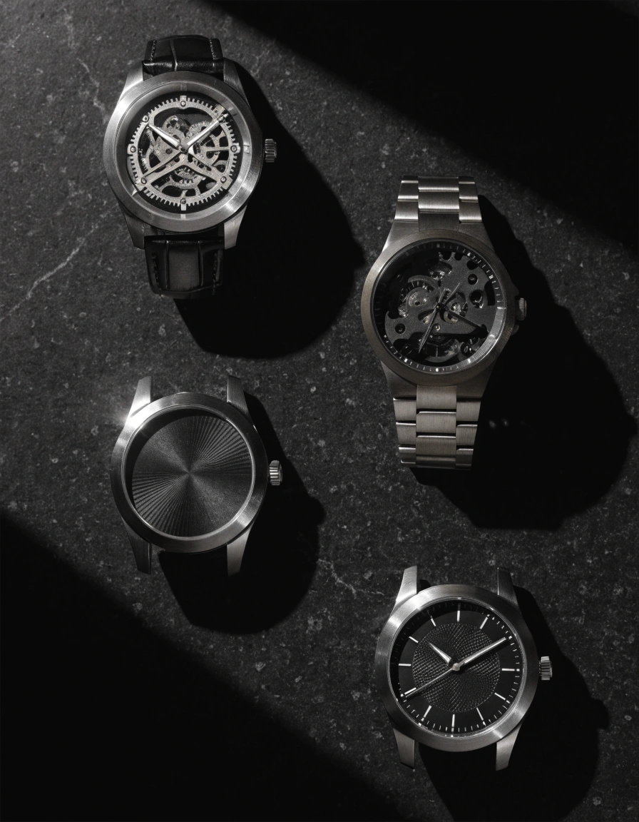 Collection of modern skeleton and minimalist stainless steel watches arranged on a dark stone surface with cinematic shadows.