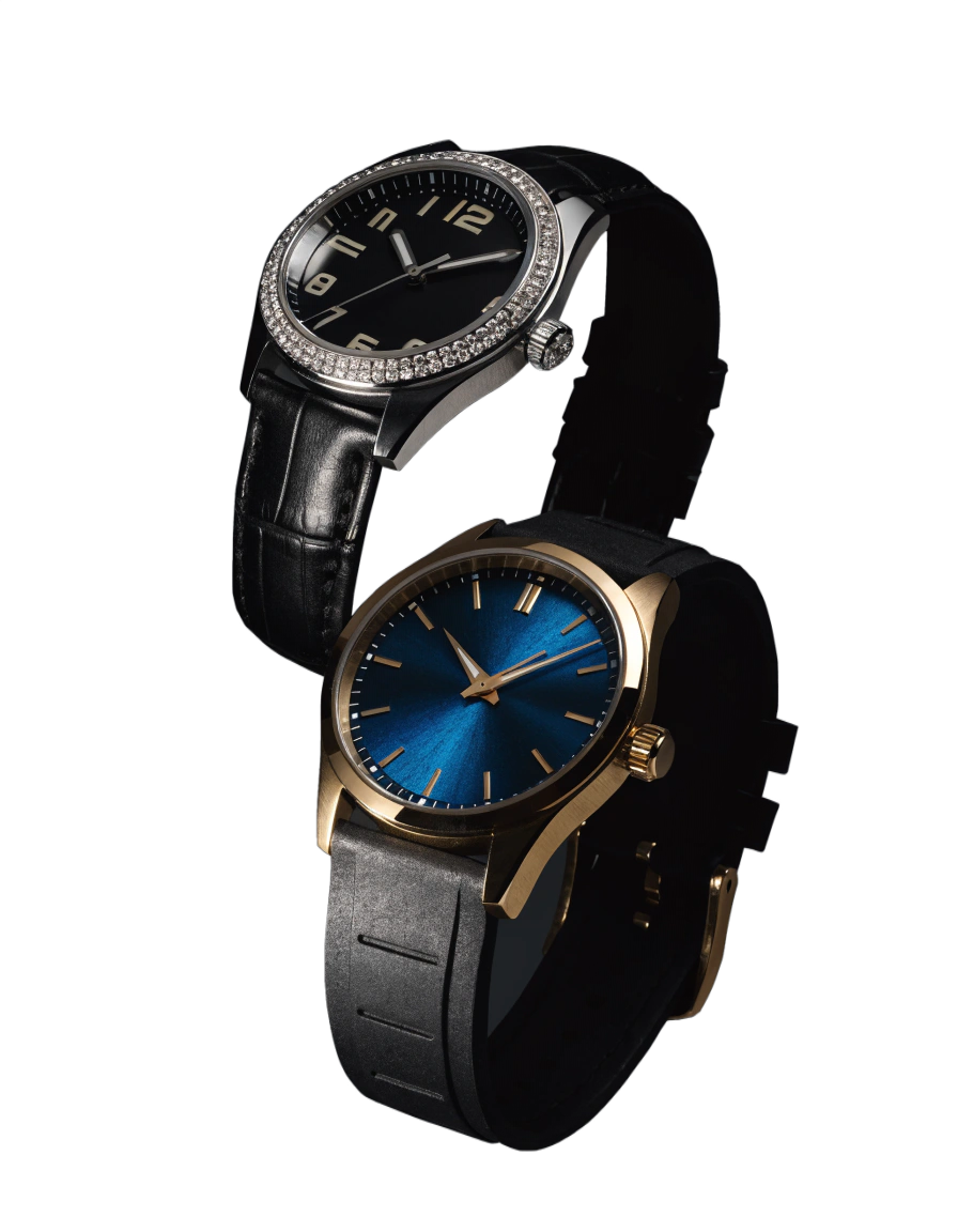 Luxury black and gold wristwatches with sleek minimalist dials and leather straps displayed on a dark background.